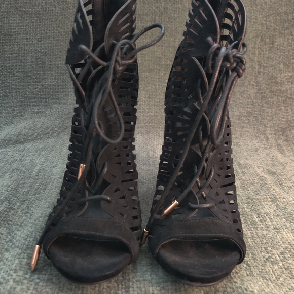 Shoedazzle Black Suede Caged Open Toe Pumps - Picture 6 of 12